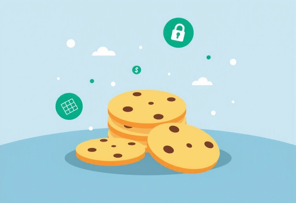 Ilustracja cyfrowych ciasteczek symbolizujących pliki cookie, otoczone ikonami prywatności i danych.