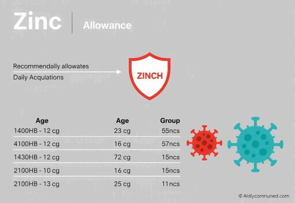 Diagram przedstawiający zalecane dzienne dawki cynku dla różnych grup wiekowych i płci, z wyraźnym podkreśleniem jego roli w funkcjonowaniu układu odpornościowego, np. symbolami tarczy i komórek odpornościowych.
