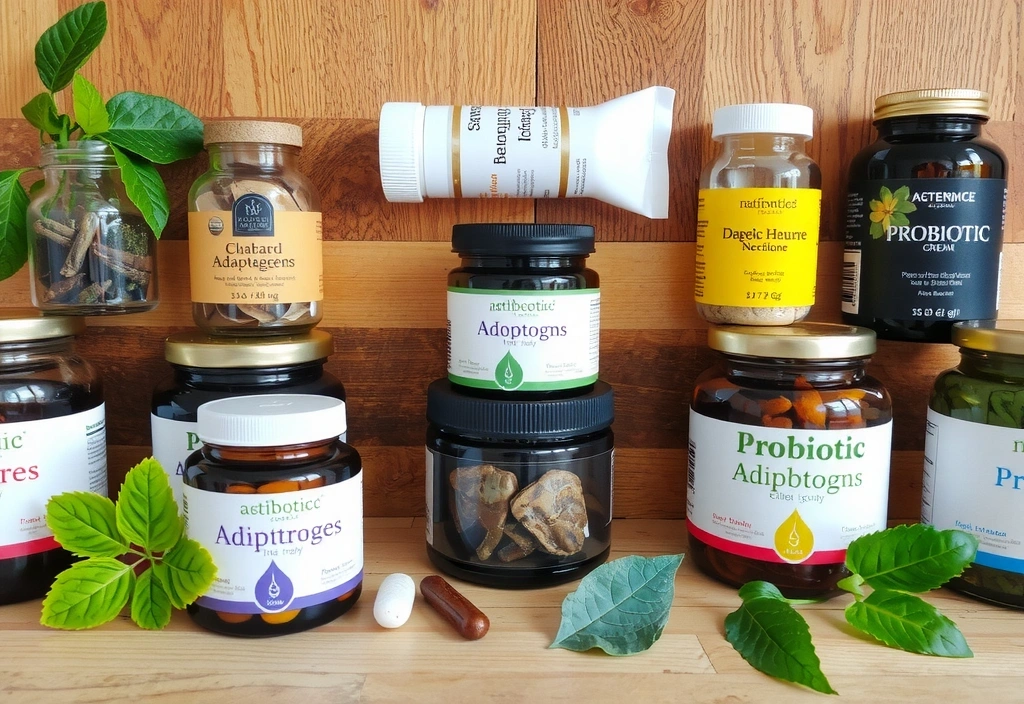 Zdjęcie przedstawiające różnorodne naturalne suplementy, takie jak zioła, adaptogeny i probiotyki, w szklanych słoikach na drewnianej półce.