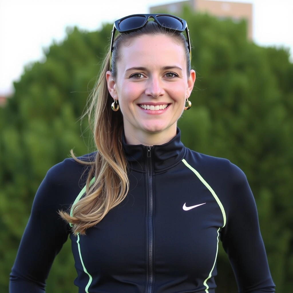 Portret Magdy Wiśniewskiej, trenerki personalnej i holistycznego coacha zdrowia, w aktywnym stroju sportowym, uśmiechniętej na tle natury.