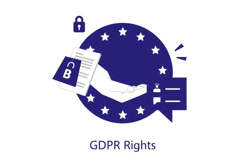 Ilustracja symbolizująca prawa RODO, z ikonami dokumentów, kłódki i dłoni trzymającej dane cyfrowe, otoczone kołem ochrony.