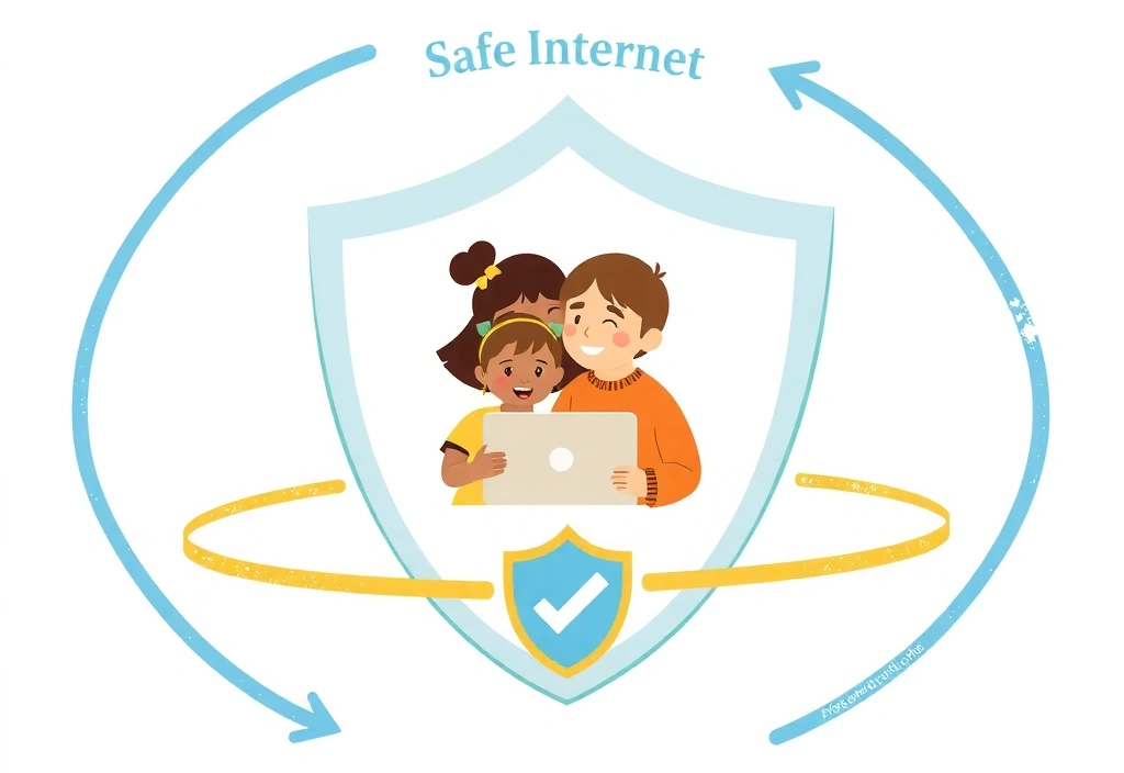 Ilustracja symbolizująca bezpieczny internet dla dzieci, z dzieckiem surfującym po internecie pod opieką rodzica, otoczonym tarczą ochronną.