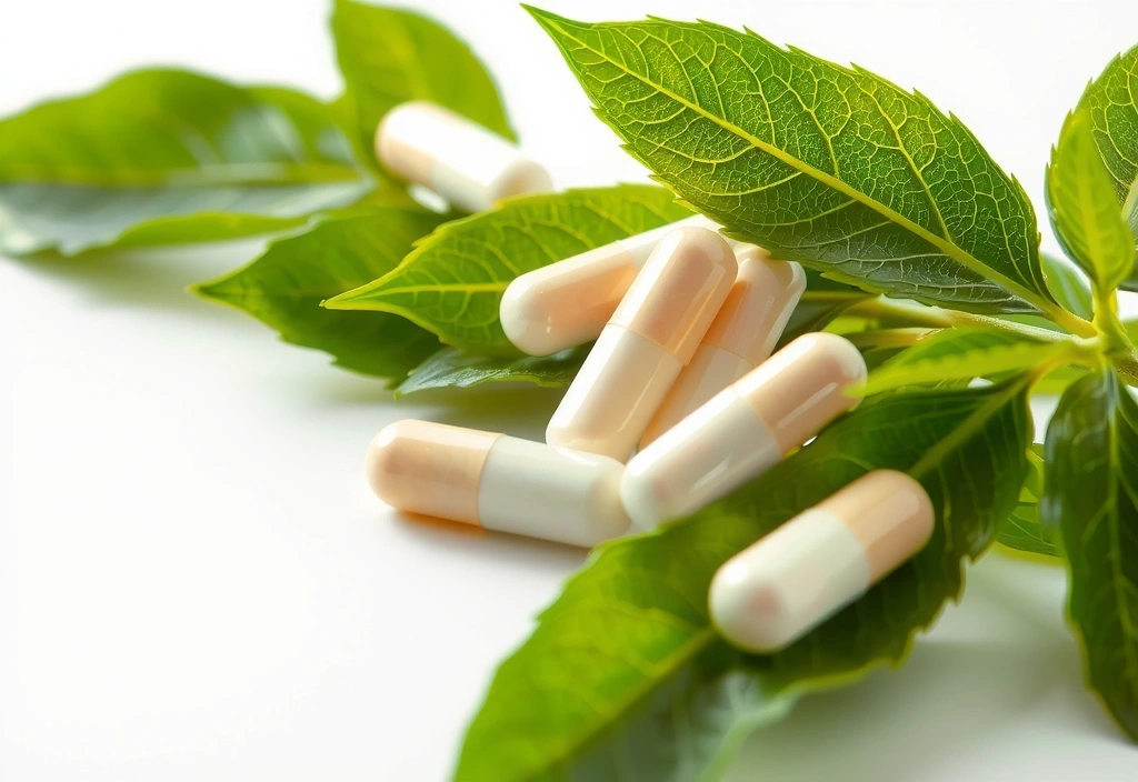 Kapsułki probiotyków z zielonymi liśćmi
