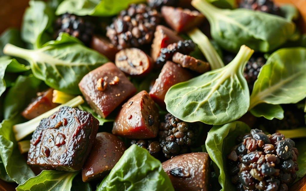 Gęsta, ciemnozielona sałatka ze szpinaku, jarmużu i brokułów w dużej ceramicznej misce, wskazująca na wysoką zawartość prowitaminy A.