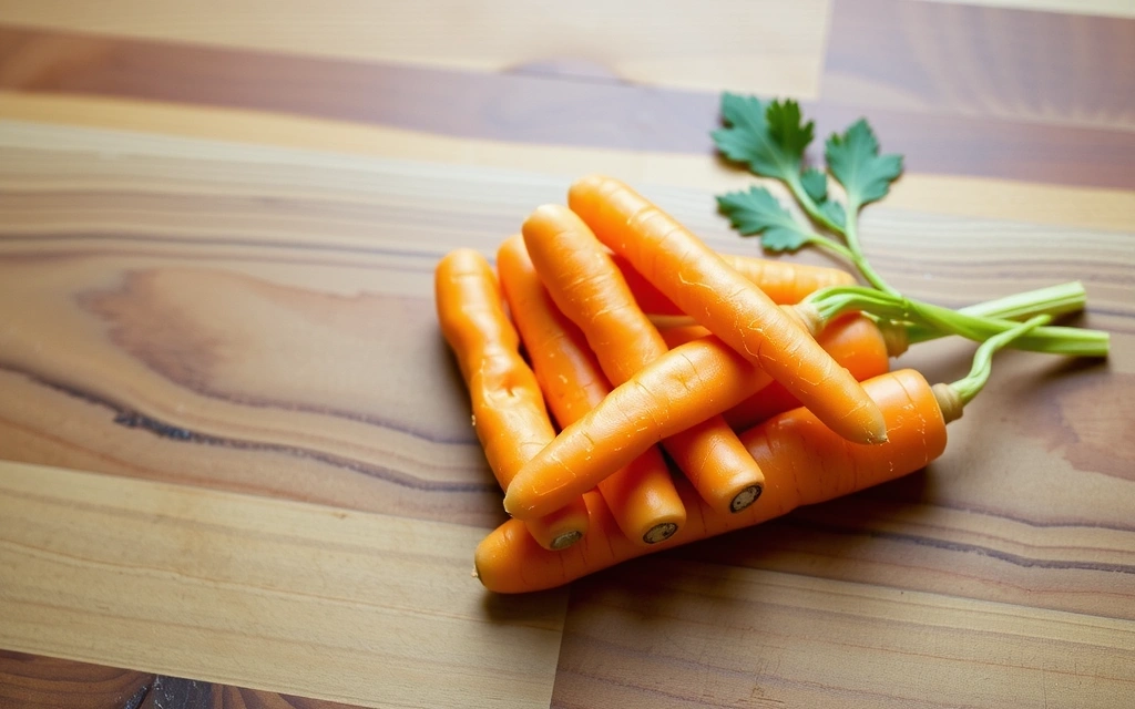 Jasno pomarańczowe marchewki ułożone w stos na drewnianej powierzchni, z kilkoma zielonymi liśćmi, symbolizujące bogate źródło beta-karotenu.