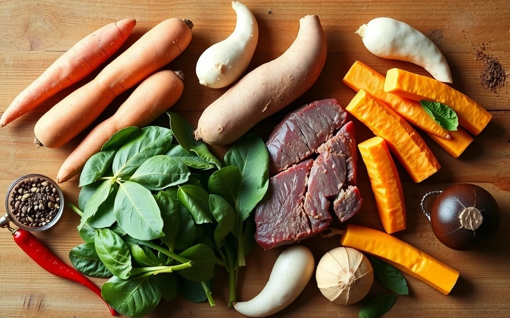 Różnorodne produkty spożywcze bogate w witaminę A, takie jak marchew, bataty, szpinak i wątróbka, ułożone na rustykalnym drewnianym stole, z delikatnym, naturalnym światłem w tle.