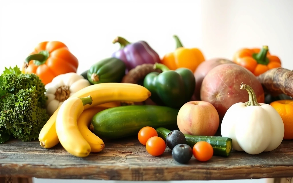 Różnorodne świeże warzywa i owoce na drewnianym stole, symbolizujące zdrową dietę. W tle rozmyte słońce.